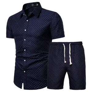 Men short sleeve shirt and shorts set in dark blue polka dot summer fashion detail.