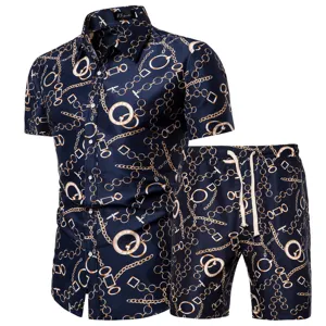 Men's short sleeve shirt and shorts set featuring a luxury gold chain baroque print.