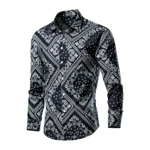 Men's Casual Long Sleeve Shirt Cotton Blend Turn-Down Collar Single-Breasted Floral Print Fashion Button Down Tops