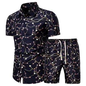 Men's Summer Short Sleeve Button Down Shirt and Shorts Set Luxury Gold Chain Print Outfit