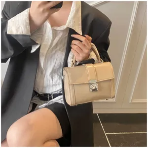 Beige patent leather top handle box bag stylish women shoulder crossbody small square bag.