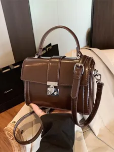 Minimalist PU Leather Top Handle Crossbody Bag For Women Vintage Metal Lock Small Square Shoulder Bag Commuting Bag