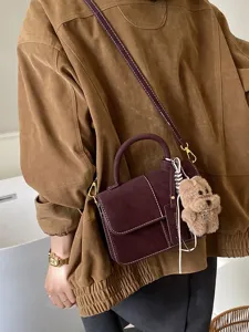 Chic autumn winter suede shoulder bag with cute puppy charm stylish crossbody handbag
