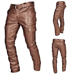 Brown PU leather cargo pants detail, multi-pocket gothic motorcycle trousers design.