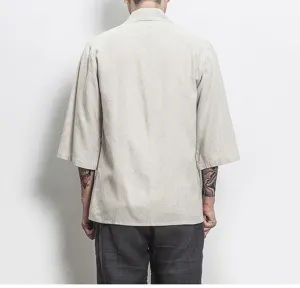 Hombre estilo chino cárdigan de lino manga 3/4 casual transpirable retro kimono abrigo