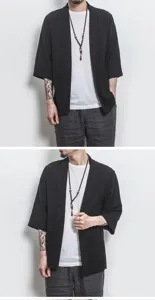 Cardigan kimono de lino para hombre detalle, verano transpirable manga 3/4 abierto.