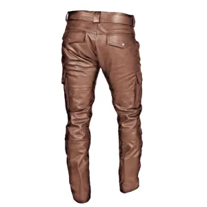 Men brown PU leather motorcycle cargo pants detailed back view showcasing pocket design.