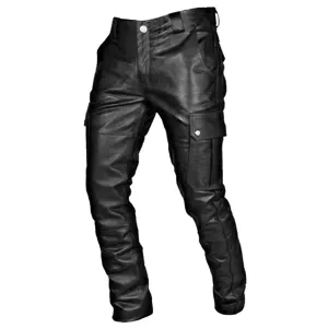 Men black PU leather cargo pants gothic motorcycle trousers casual rock trousers apparel