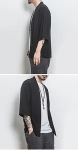 Cardigan informal de algodón y lino negro para hombre con mangas 3/4, diseño chino transpirable.