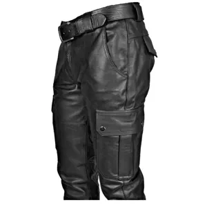 Men black leather cargo pants gothic rock motorcycle trousers with multiple pockets.