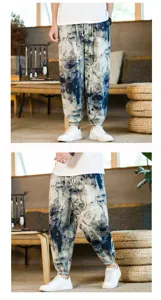 Mens Chinese Style Cotton Linen Harem Pants Summer Casual Tie Dye Cropped Trousers