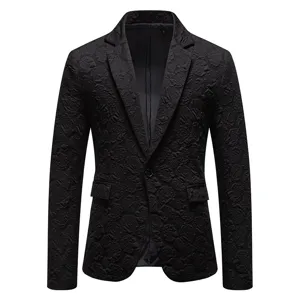 Men's slim fit black rose jacquard suit jacket detail view for formal evening events.