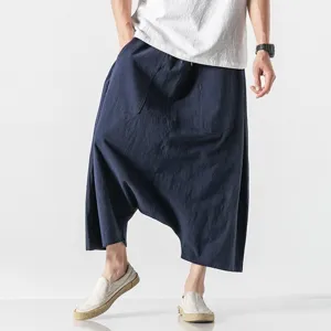 Men Casual Cotton Linen Blend Harem Pants Loose Cropped Trousers Chinese Style Drawstring Summer Bottoms
