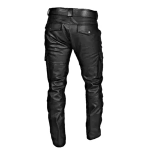 Detailed back view of men's black PU leather motorcycle pants with gothic rocker style pockets.