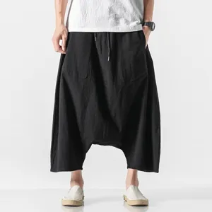Men casual loose drop crotch harem pants black summer cropped trousers streetwear style