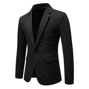 Detailed close-up of the black mens blazer showing exquisite floral jacquard pattern and lapel.