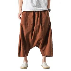 Men's loose drop crotch harem pants casual summer cropped Chinese style trousers brown