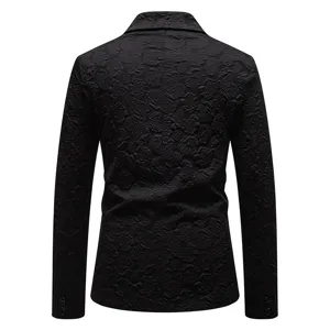 Detailed back view of men's black floral jacquard blazer, slim fit suit jacket back texture.