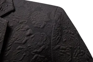 Close-up view of men's slim fit suit jacket featuring elegant black rose jacquard fabric detail.