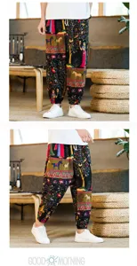 Men Chinese style ethnic print breathable linen harem cropped pants summer casual trousers