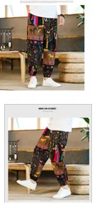 Men chinese style vintage print cotton linen casual harem pants summer cropped trousers