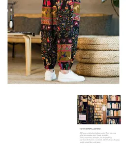 Men chinese style cotton linen harem pants summer casual cropped printed trousers