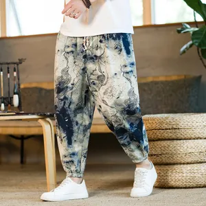Mens Casual Chinese Style Linen Harem Pants Summer Breathable Cropped Pants Loose Drawstring Trousers