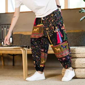 Men's summer breathable linen harem pants featuring ethnic print, casual cropped trousers.