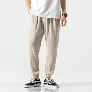 Details of mens casual breathable linen harem pants in beige cotton blend summer style