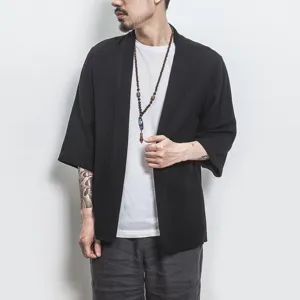 Cardigan de lino estilo chino para hombre con manga 3/4 abrigo kimono vintage casual