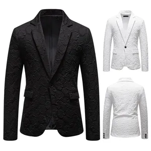 Men's slim fit floral jacquard blazer business wedding suit jacket black white.