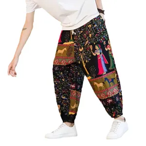 Men's casual breathable linen harem pants with ethnic floral print for summer comfort.