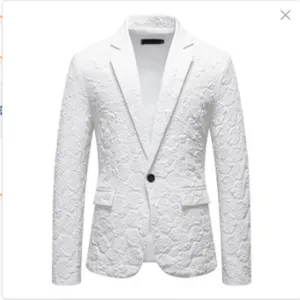 Men's White Floral Slim Fit Suit Blazer Wedding Groom Business Casual Suit Jacket