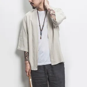 Cardigan de Lino para Hombre Estilo Chino Verano Manga Tres Cuartos Abrigo Casual