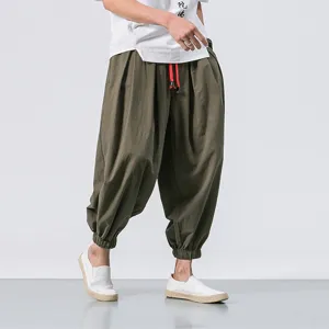 Men's casual baggy harem pants, olive green cotton linen loose trousers with elastic cuffs.