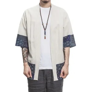 Cardigan de lino estilo chino para hombre patchwork manga tres cuartos verano