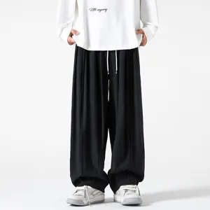 Pantalones Casuales Anchos Vintage Japoneses para Hombres Corte Suelto Color Sólido Cordón Mezcla de Algodón Otoño