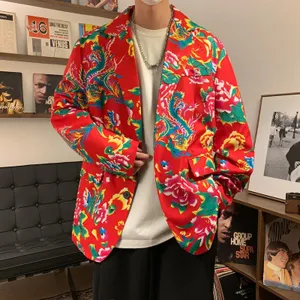 Men Chinese Style Floral Print Casual Suit Jacket Loose Long Sleeve Single Breasted Blazer Outerwear For Spring Autumn