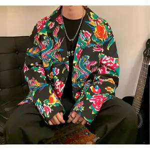 Men's colorful floral print suit jacket vintage style casual outerwear for spring autumn