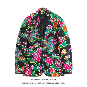 Men's stylish floral print suit jacket with traditional Chinese northeast big floral pattern.