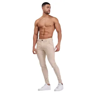 Men's slim fit stretch casual trousers in light khaki, stylish front view model display.