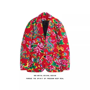 Men stylish floral blazer vintage red coat casual long sleeve ethnic Chinese style jacket outerwear
