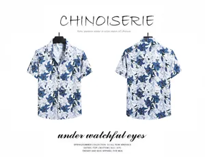 Men short sleeve floral print shirt beach casual summer top detailed view showing front and back design.