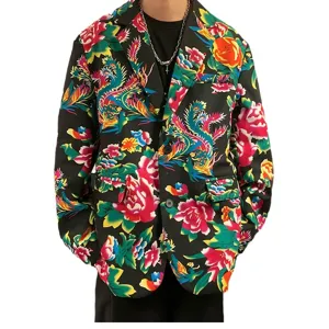 Men's vintage floral print blazer jacket, stylish casual loose fit Chinese style coat.