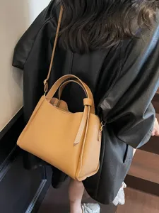 Trendy brown pebbled leather women bucket bag large capacity shoulder crossbody handbag main