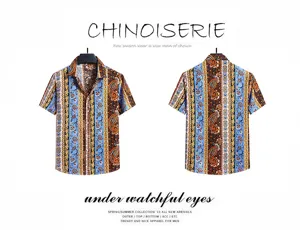 Men's vintage paisley print short sleeve shirt casual ethnic beach button down top