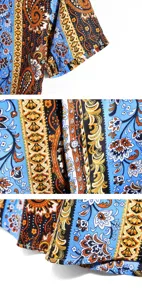 Men's ethnic print short sleeve shirt detail view showing vibrant paisley patterns.
