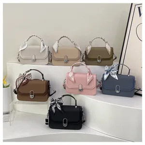 Stylish women handbag set with silk scarf detail, chic solid color crossbody shoulder square bags.