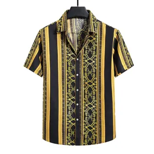 Men's short-sleeve shirt with black and gold baroque print, casual summer beach wear.