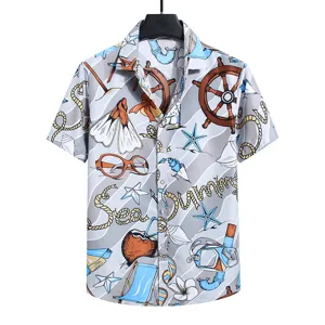 Men's short sleeve beach shirt nautical marine print button down casual summer top 2024